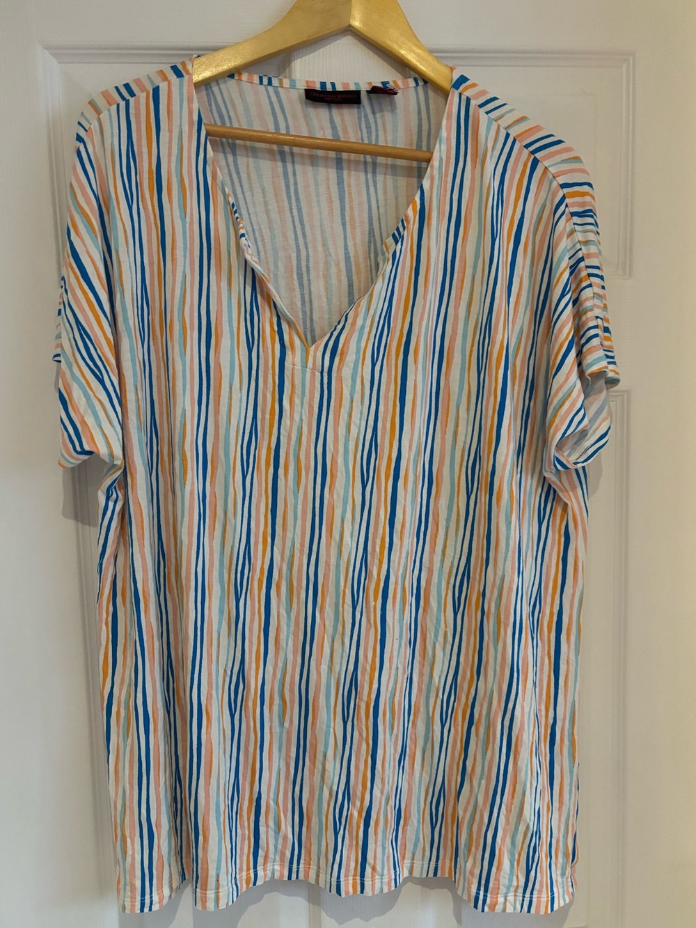 Christian Siriano Striped V-Neck Tee in Blue, Orange, Cream